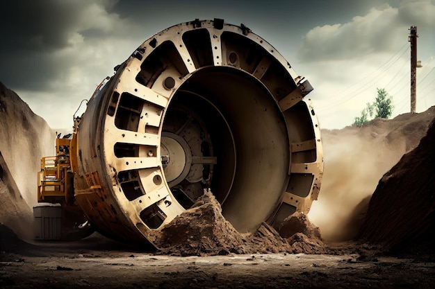 Tunnel boring machine in motion with mounds of dirt and rock visible