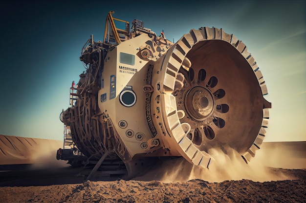 Tunnel boring machine with its cutterhead and conveyor system visible digging through rock