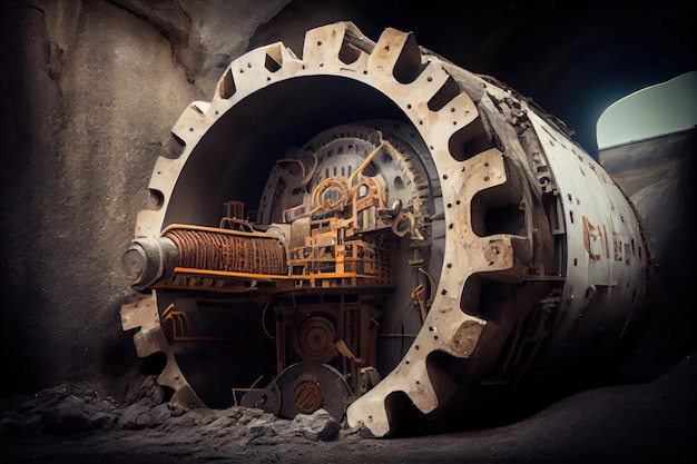 Tunnel boring machine with its cutterhead and conveyor system visible digging through rock