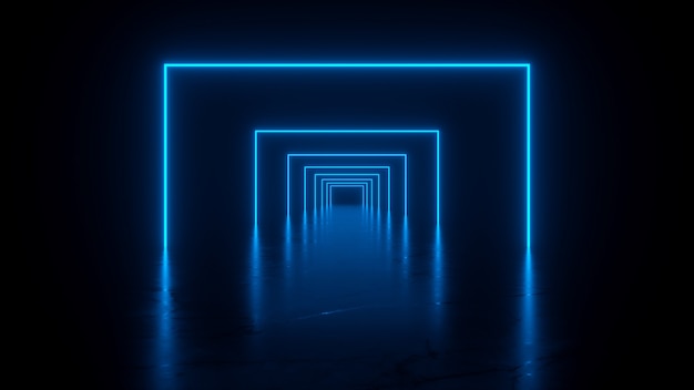 Tunnel consisting of large neon glowing squares in blue 3d\
renderin