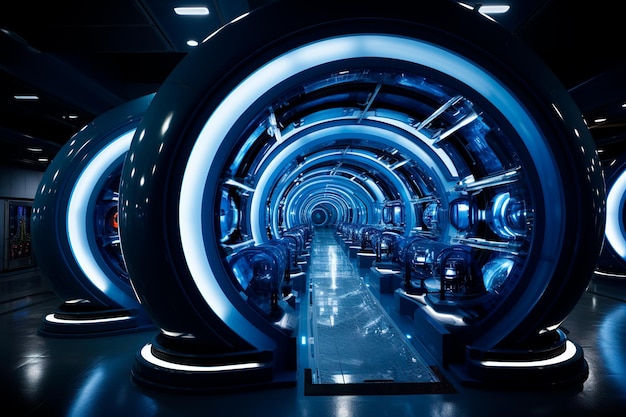 Tunnel or corridor style metal and iron structure with futuristic neon light