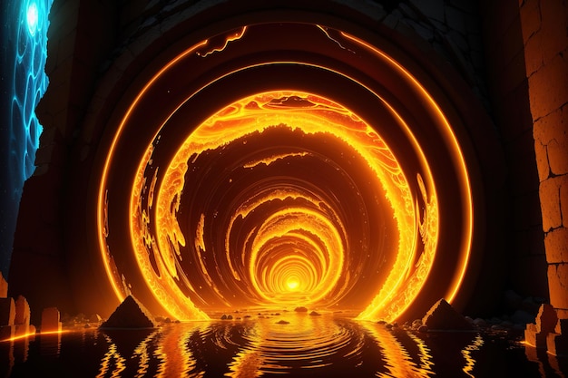 A tunnel of fire inside a tunnel with a glowing orange light.