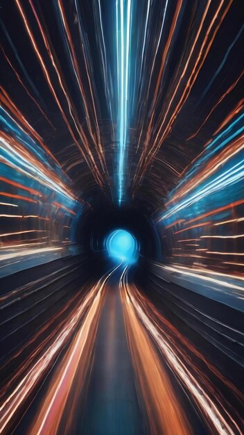 Туннель, летящий со скоростью света из разноцветных синих и белых движущихся световых полос и энергии