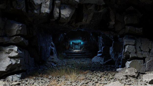 Photo tunnel in a mountain cave leading to a glowing portal gate an abandoned passage in the rock 3d render