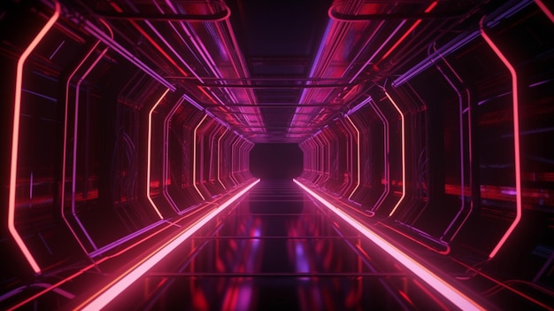 A tunnel of neon lights with a black background