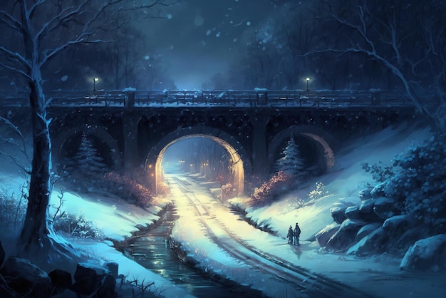 Tunnel onder een brug door op een donkere winternacht