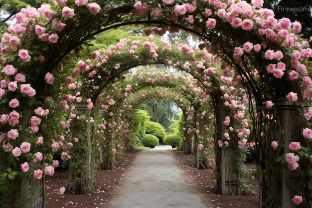 A tunnel of pink roses is made of wood and has a walkway leading to it.