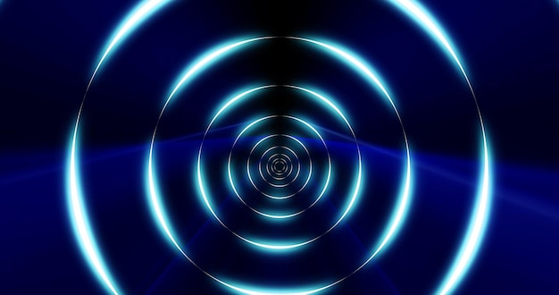 Tunnel of round blue glowing bright neon rings Abstract background Screensaver