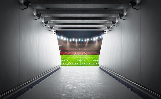 Foto tunnel nello stadio con campo da football americano