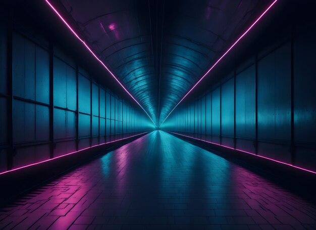 a tunnel that has a blue and pink neon light on it