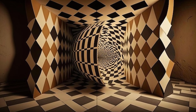 A tunnel that has a checkerboard pattern on it