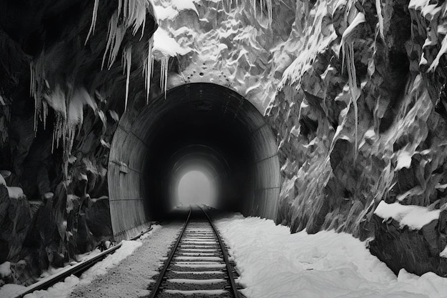 a tunnel that has ice on it and a train going through it