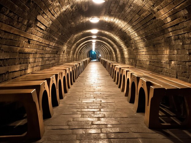 Photo a tunnel that has a row of benches in it