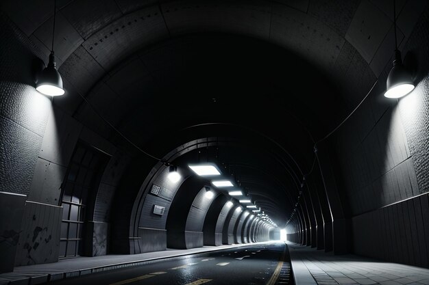 The tunnel underground passage long and far away with lights black and white style shooting scene