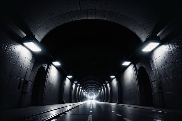 The tunnel underground passage long and far away with lights black and white style shooting scene