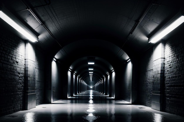 The tunnel underground passage long and far away with lights black and white style shooting scene