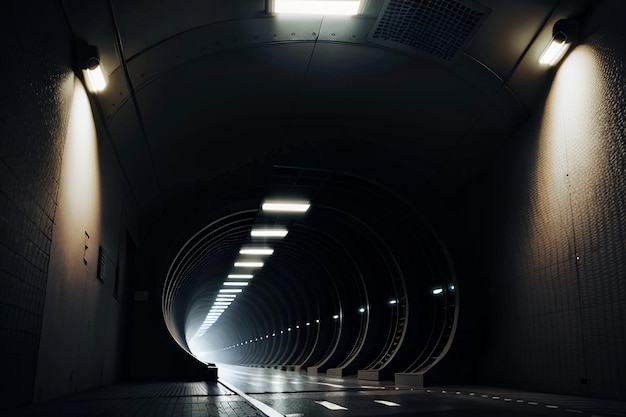 The tunnel underground passage long and far away with lights black and white style shooting scene