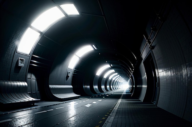 The tunnel underground passage long and far away with lights black and white style shooting scene