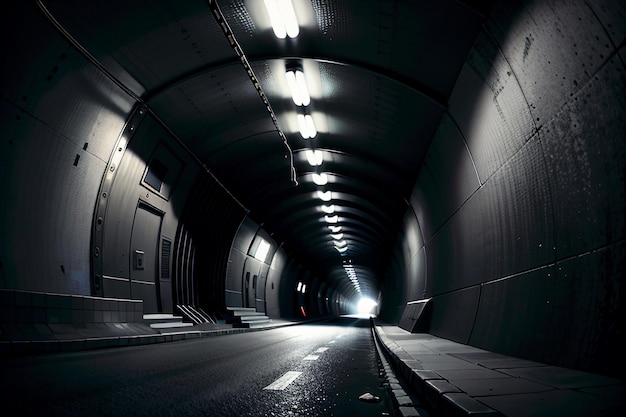 The tunnel underground passage long and far away with lights black and white style shooting scene