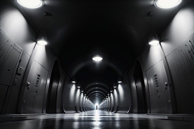 Photo the tunnel underground passage long and far away with lights black and white style shooting scene