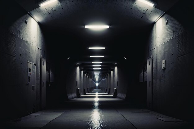 The tunnel underground passage long and far away with lights black and white style shooting scene