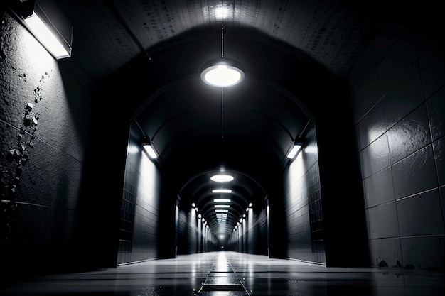 The tunnel underground passage long and far away with lights black and white style shooting scene