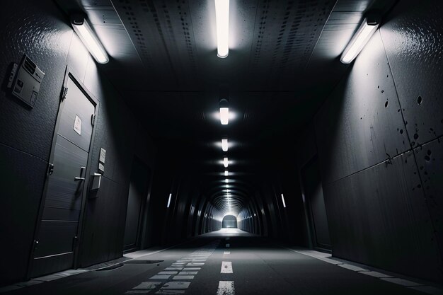 長くて遠いトンネルの地下通路とライトの白黒スタイルの撮影シーン