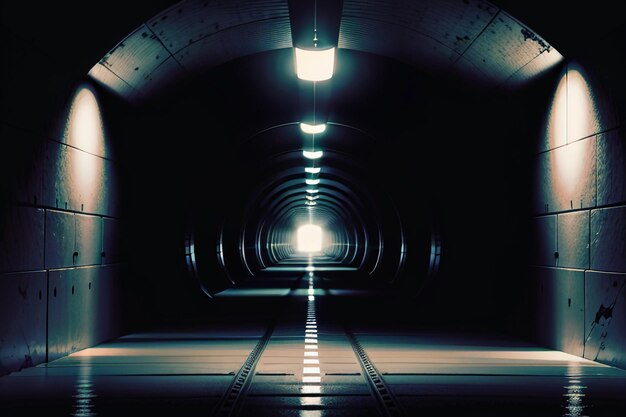 Photo the tunnel underground passage long and far away with lights black and white style shooting scene