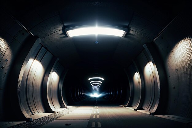 Photo the tunnel underground passage long and far away with lights black and white style shooting scene