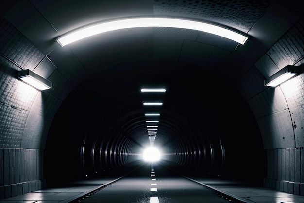 The tunnel underground passage long and far away with lights black and white style shooting scene