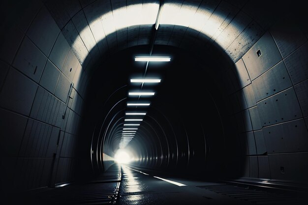 The tunnel underground passage long and far away with lights black and white style shooting scene