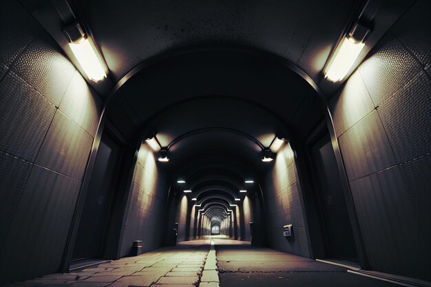 Photo the tunnel underground passage long and far away with lights black and white style shooting scene