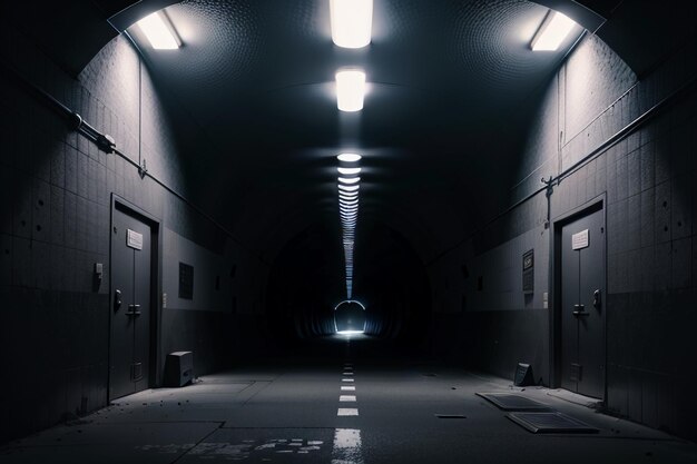 Длинный и далекий туннель подземного перехода с освещением сцены съемки в черно-белом стиле
