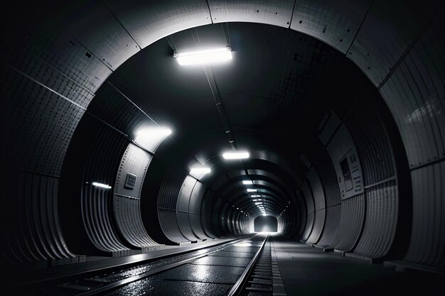 Photo the tunnel underground passage long and far away with lights black and white style shooting scene