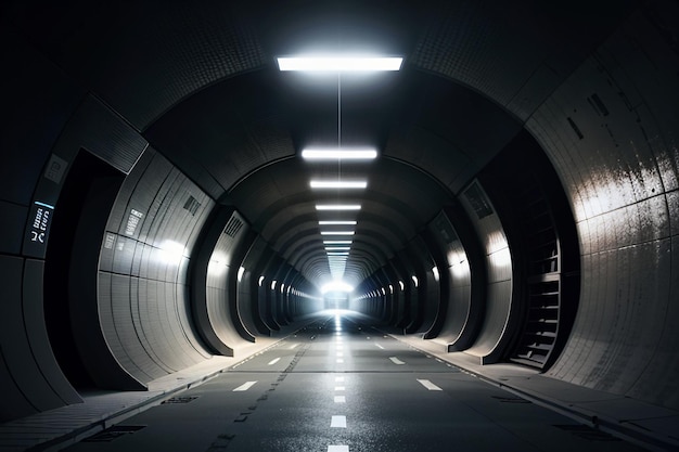 The tunnel underground passage long and far away with lights black and white style shooting scene