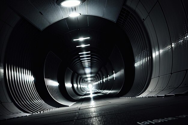 The tunnel underground passage long and far away with lights black and white style shooting scene