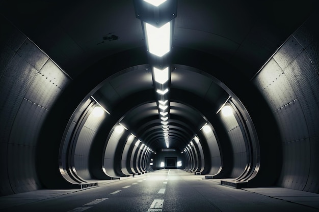 조명 흑백 스타일의 촬영 장면으로 길고 먼 터널 지하 통로
