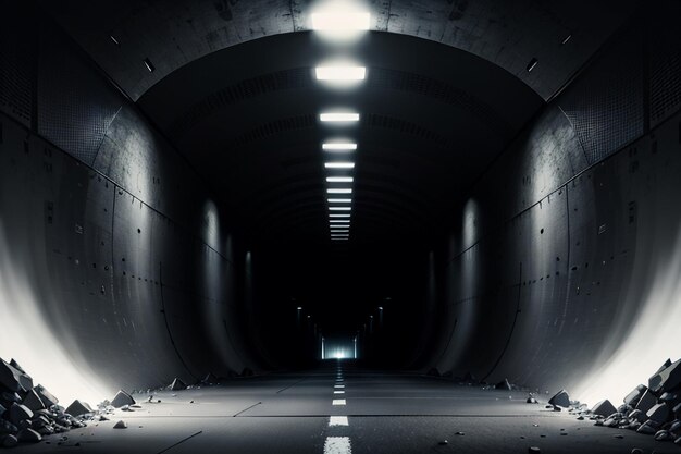 The tunnel underground passage long and far away with lights black and white style shooting scene