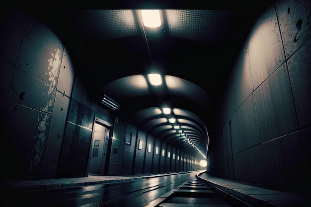 The tunnel underground passage long and far away with lights black and white style shooting scene