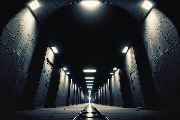 The tunnel underground passage long and far away with lights black and white style shooting scene