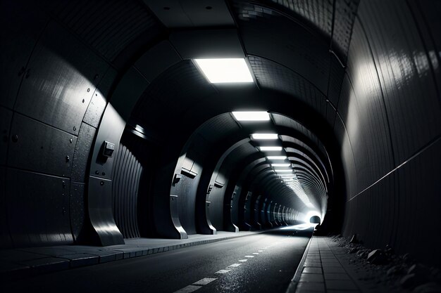 The tunnel underground passage long and far away with lights black and white style shooting scene