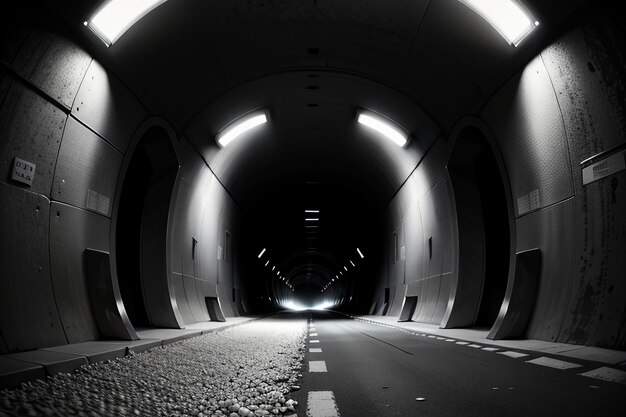 The tunnel underground passage long and far away with lights black and white style shooting scene