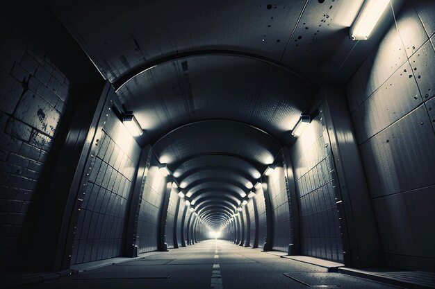 The tunnel underground passage long and far away with lights black and white style shooting scene