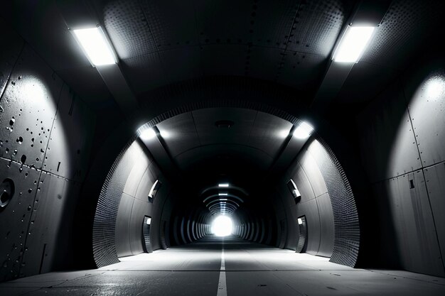 조명 흑백 스타일의 촬영 장면으로 길고 먼 터널 지하 통로