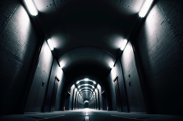 The tunnel underground passage long and far away with lights black and white style shooting scene