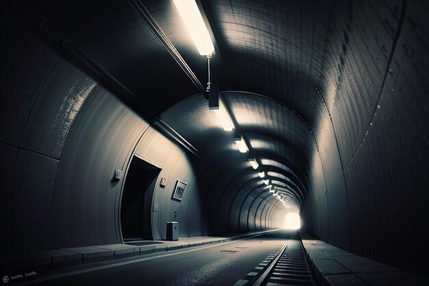 The tunnel underground passage long and far away with lights black and white style shooting scene