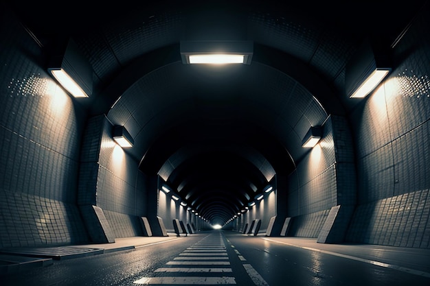 Длинный и далекий туннель подземного перехода с освещением сцены съемки в черно-белом стиле