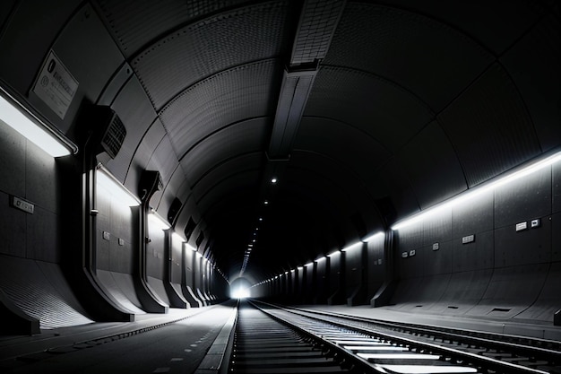 Photo the tunnel underground passage long and far away with lights black and white style shooting scene