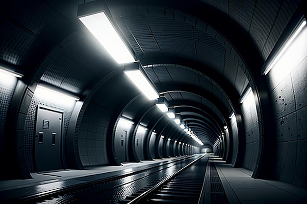 The tunnel underground passage long and far away with lights black and white style shooting scene