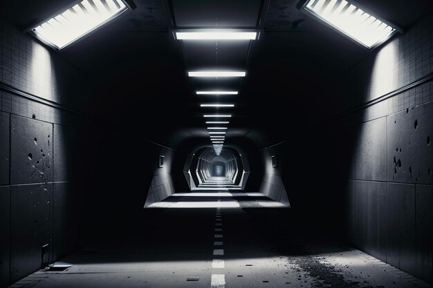 Photo the tunnel underground passage long and far away with lights black and white style shooting scene